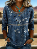 Women's Vintage Print Casual Hollow Denim Shirt