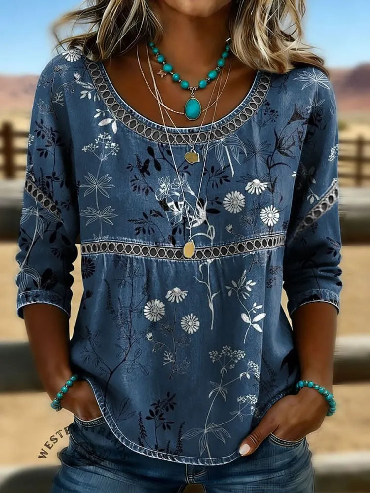 Women's Vintage Print Casual Hollow Denim Shirt