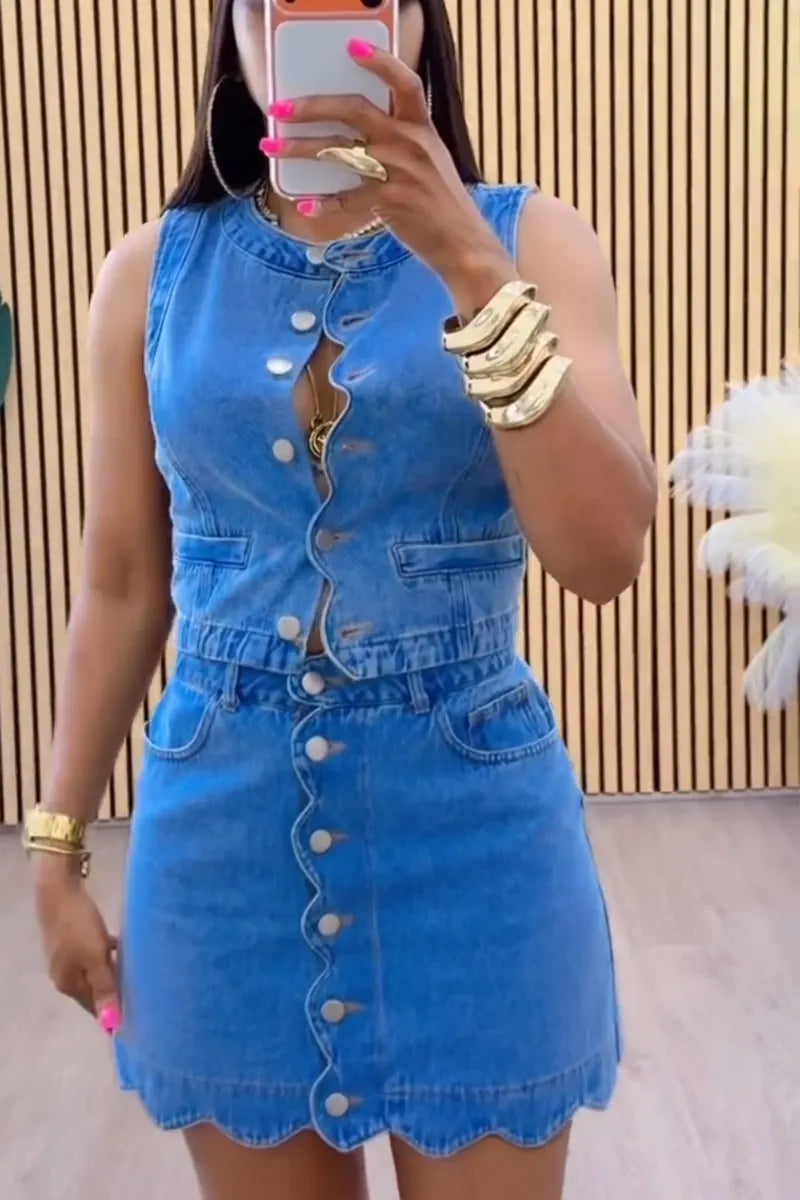 Women's Casual Wave Trim Denim Vest or Skirt