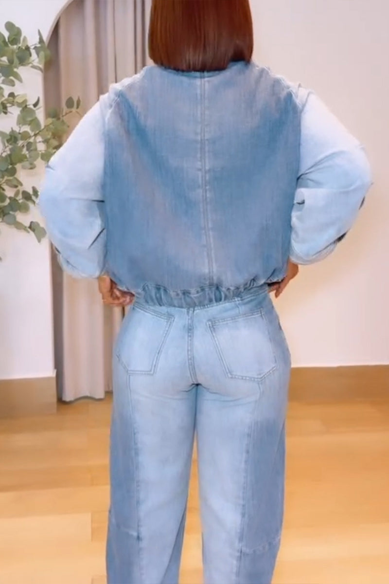 Women's Casual Color Block Stand Collar Denim Jacket or Jeans