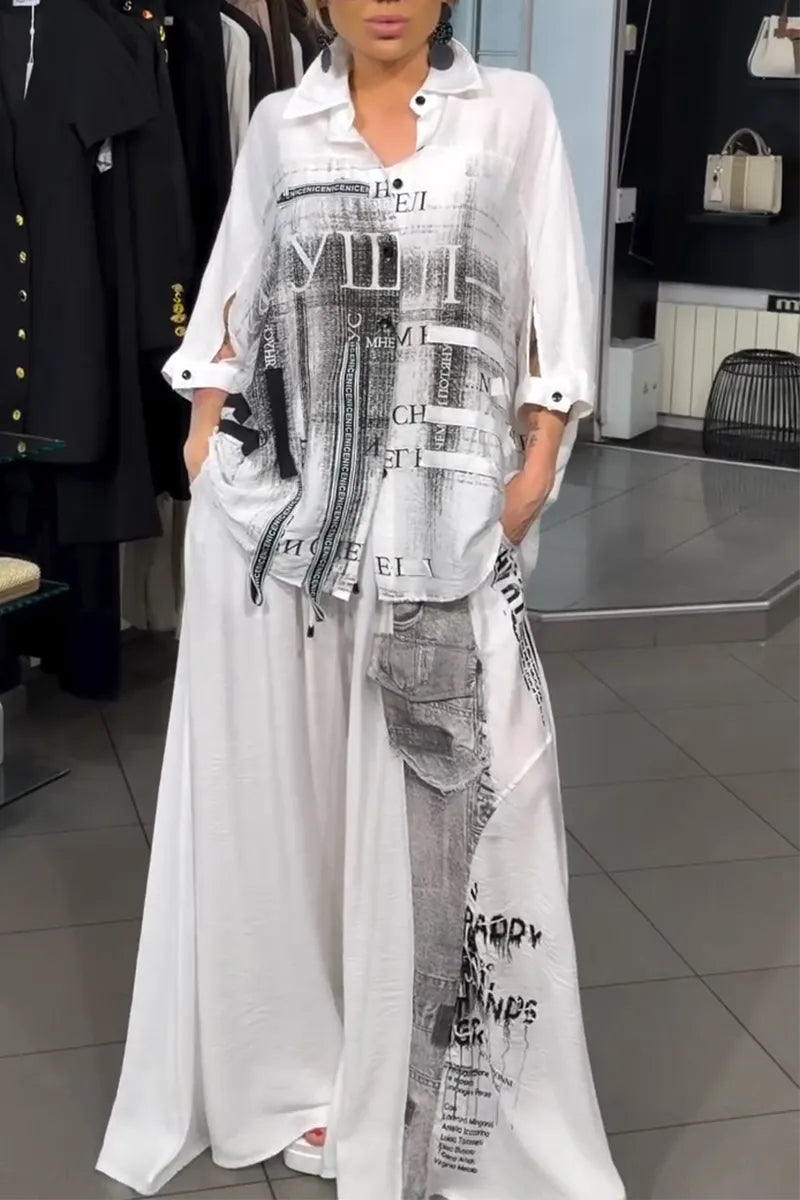 Women Collar Printed Shirt + Wide Leg Pants Loose Casual Suit