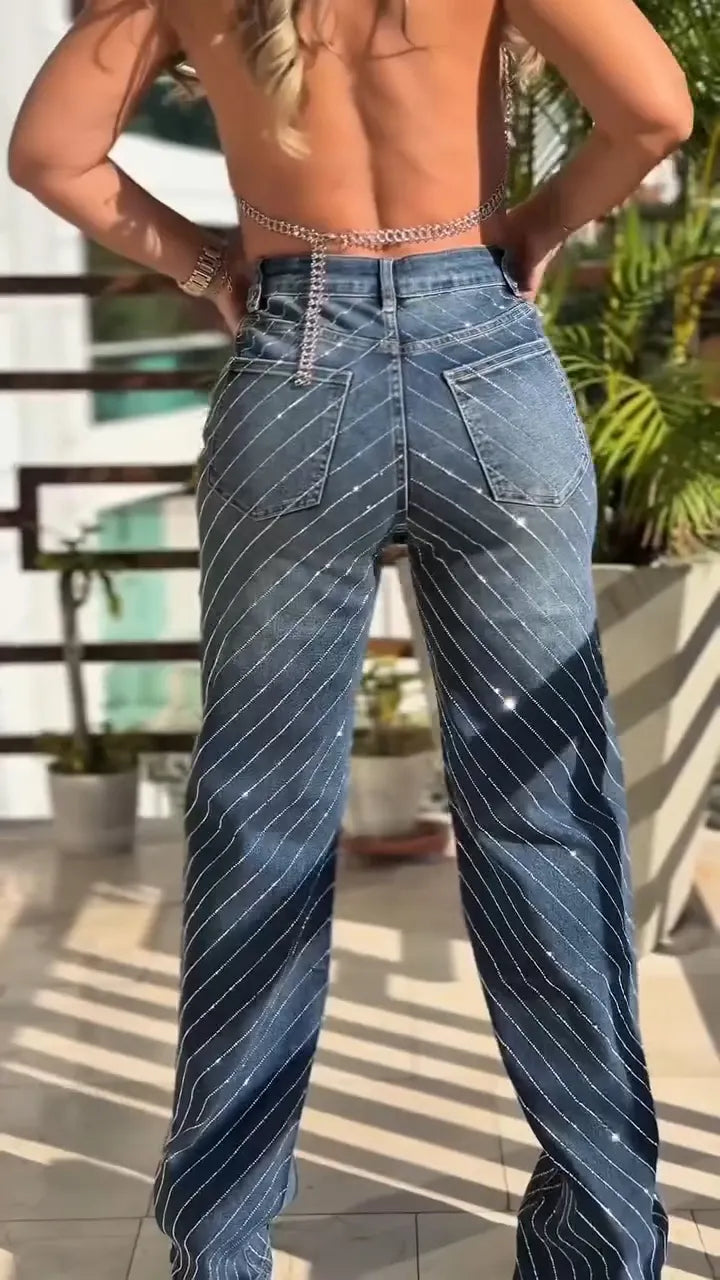 Women Hot Stamping Rhinestone Striped Casual Jeans