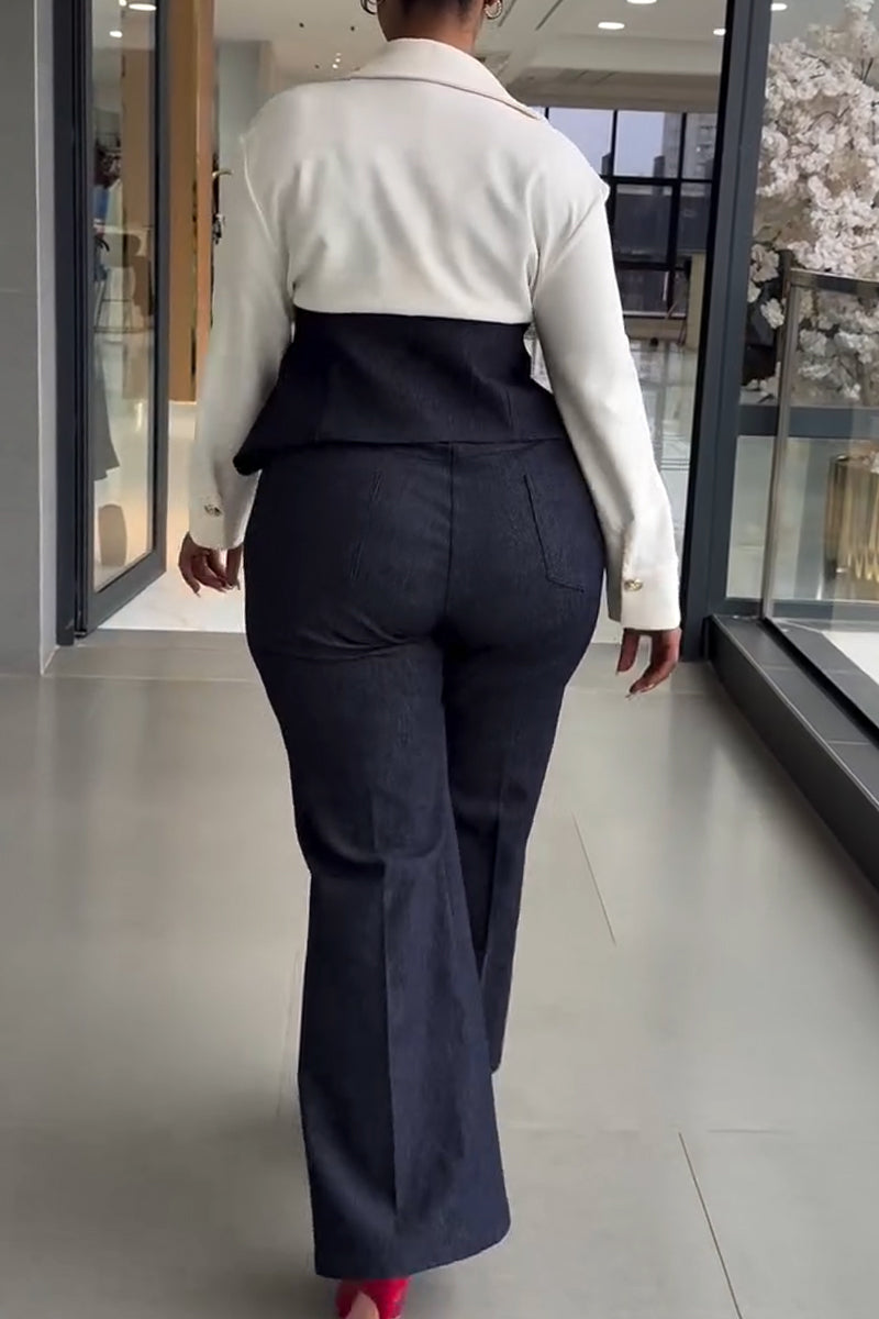 Women's Collar Splicing Metal Buckle Top+ Pants Temperament Commuting Suit