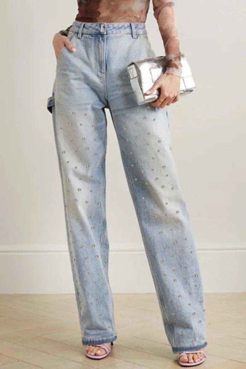 Women Heavy Duty Rhinestone Embellished Straight Leg Jeans
