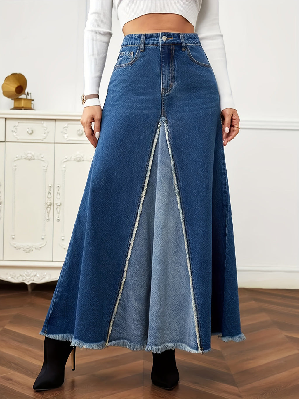 Casual Panel Washed Raw Hem Denim Skirt