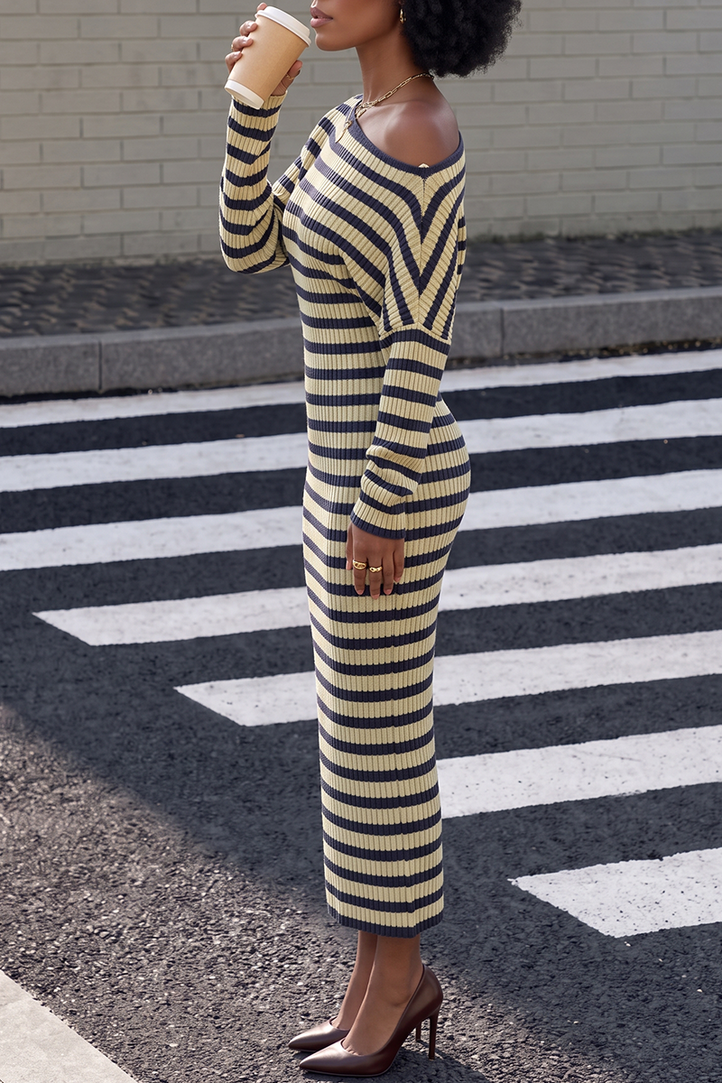 Women's Striped Boat Neck Drop Shoulder Bodycon Maxi Dress Long Sleeve Slim Fit Column Dress