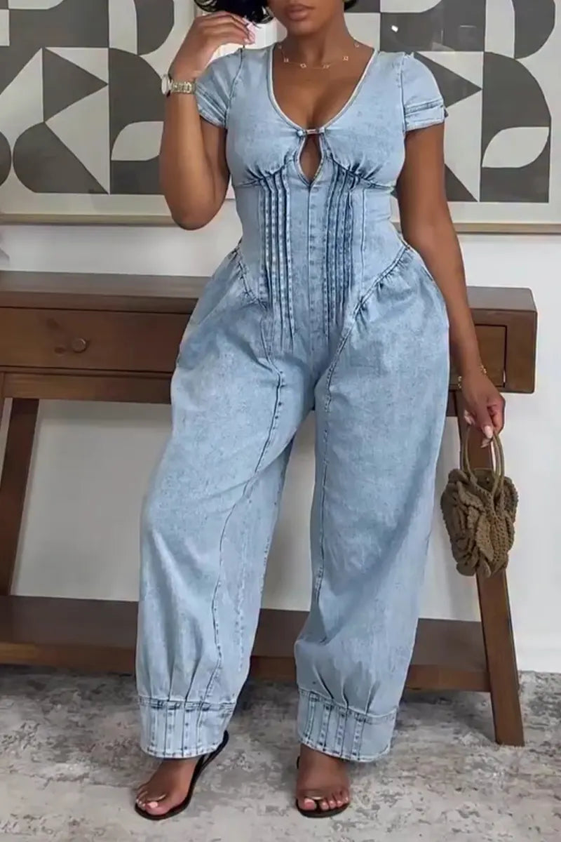 Women's Casual Waist Cinching Pleated Denim Jumpsuit
