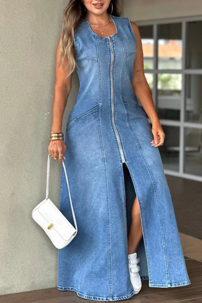 Women's Casual Zipper Slit Hem Denim Dress