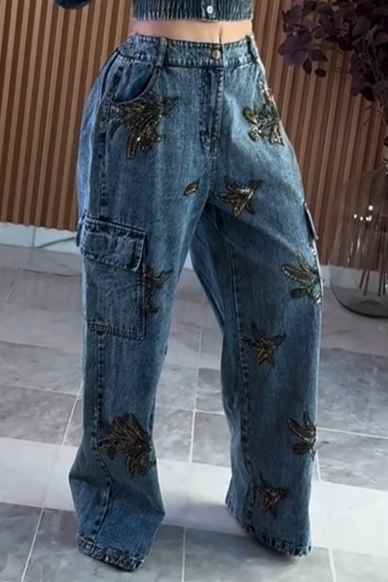 Women's Standing Collar Buckle Patchwork Pattern Denim Jacket or Jeans
