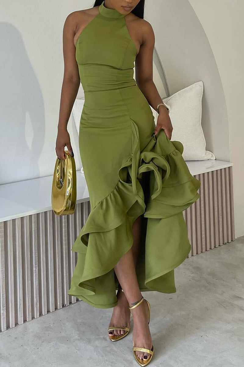 Women's Elegant Slit Tiered Ruffle Hem Maxi Dress