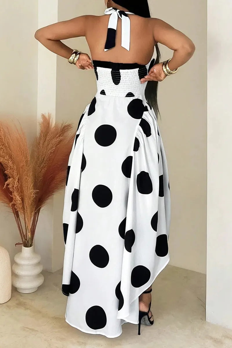 Women's Neck Hanging Patchwork Polka Dot Print Irregular Casual Dress