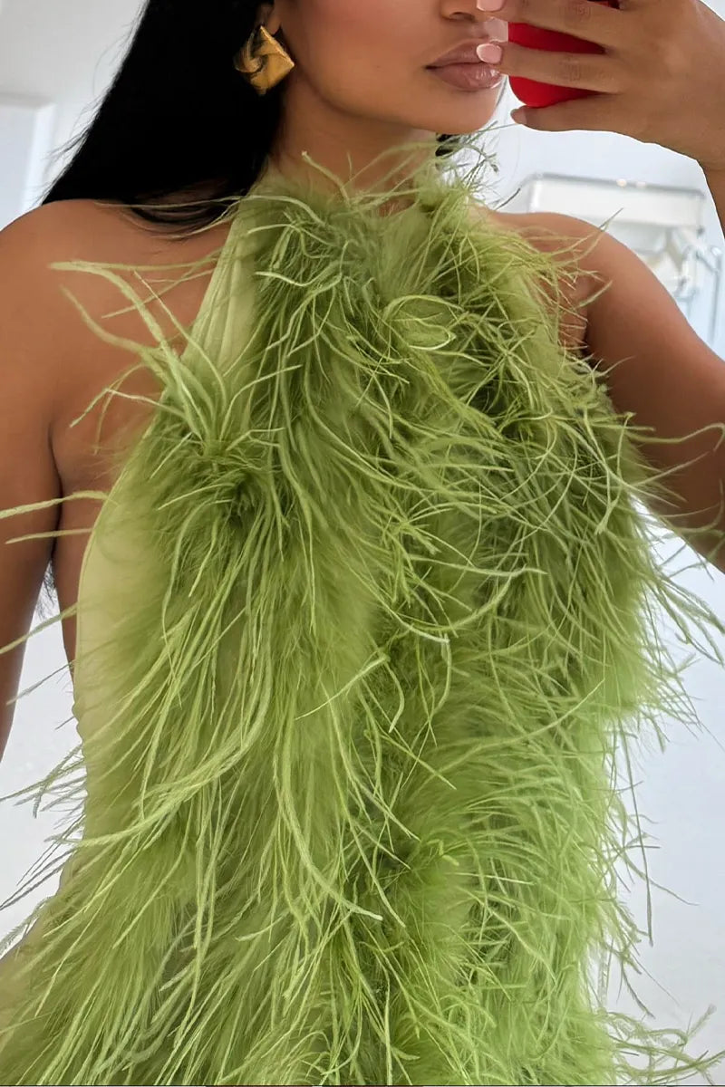 Women Halter Neck Fluffy Feather Bodycon Mini Dress