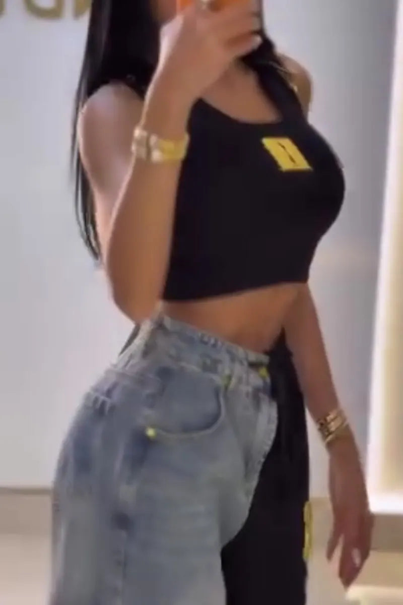 Women'sHalf Denim Half Black Contrast Sunflower Embroidery Wide Leg Pants Or Basic Sleeveless Figure Logo Crop Tank For Women
