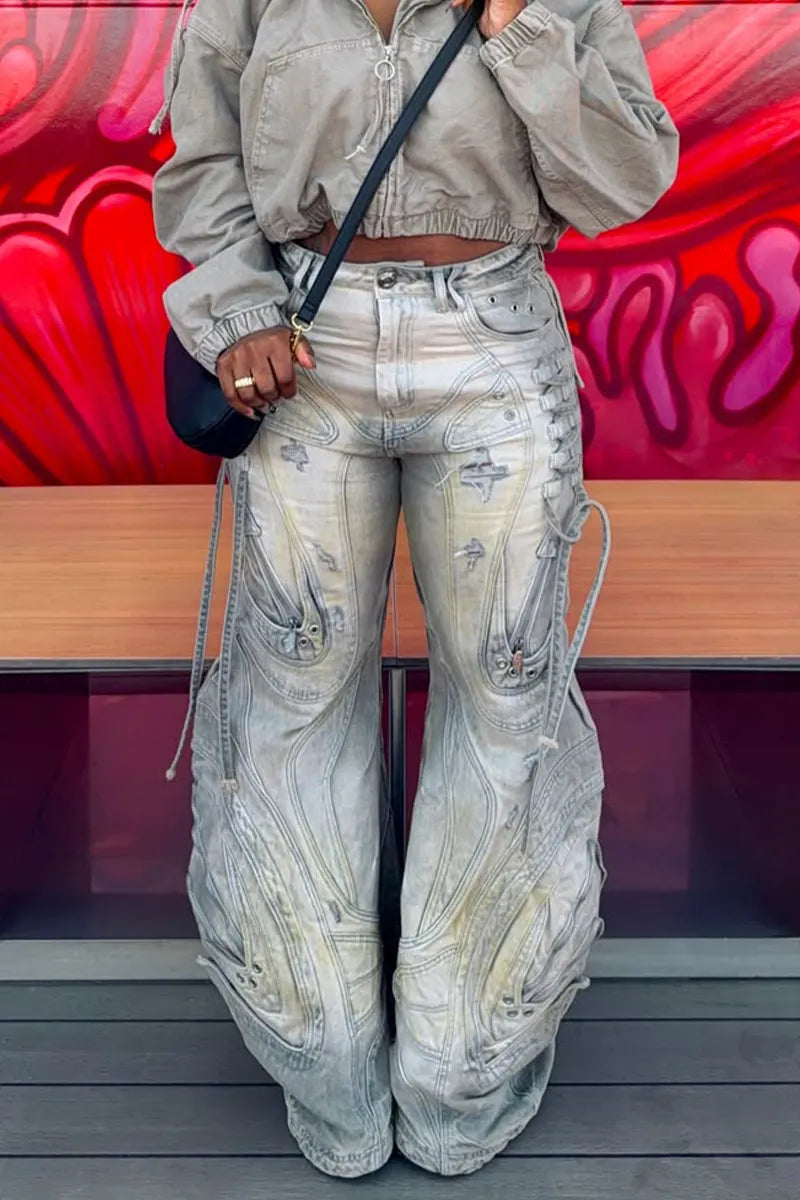 Women Wide-Leg Denim Casual Pants with Heavy-Duty Wash Finish