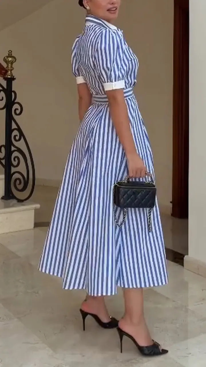 Women Collar Vertical Stripe Buckle Elegant Casual Maxi Dresses
