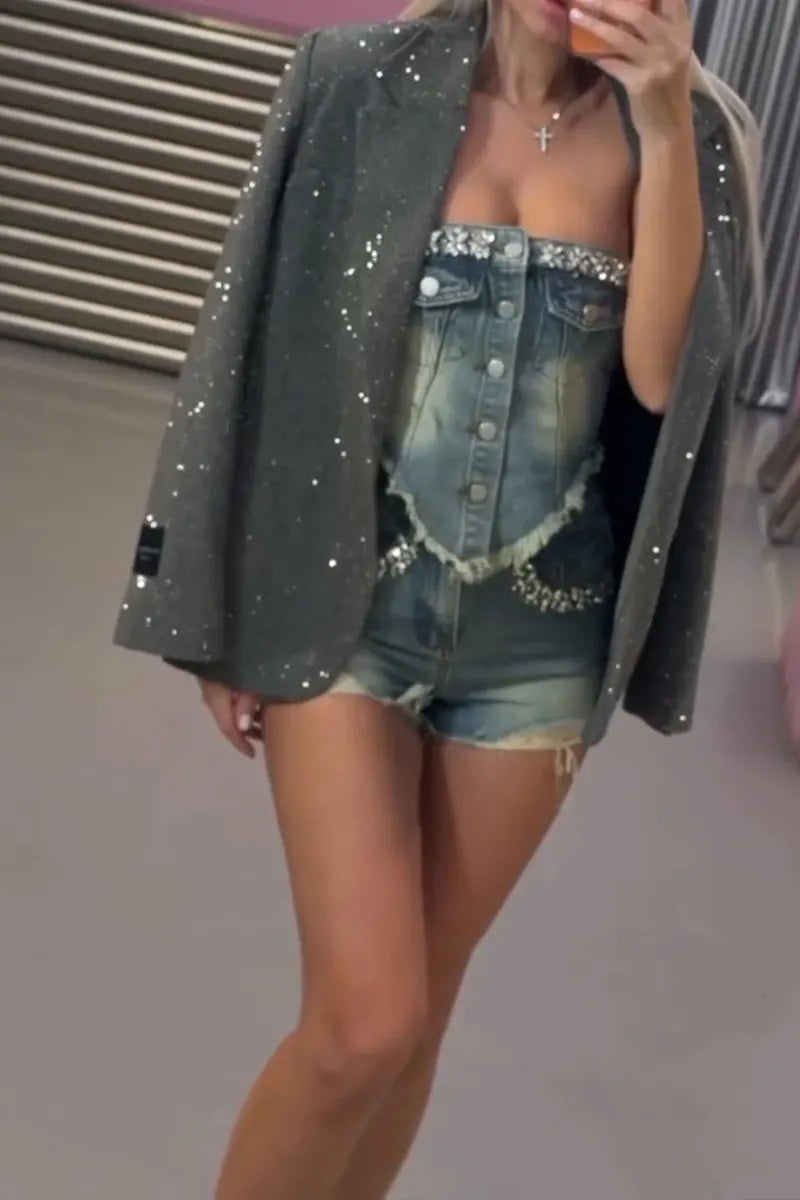 Women's Fashion Rhinestone Distressed Wash Denim Bustier or Cropped Jeans