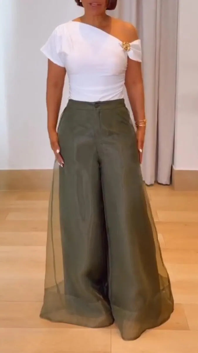 Women Patchwork Chiffon Solid Color Casual Wide Leg Pants