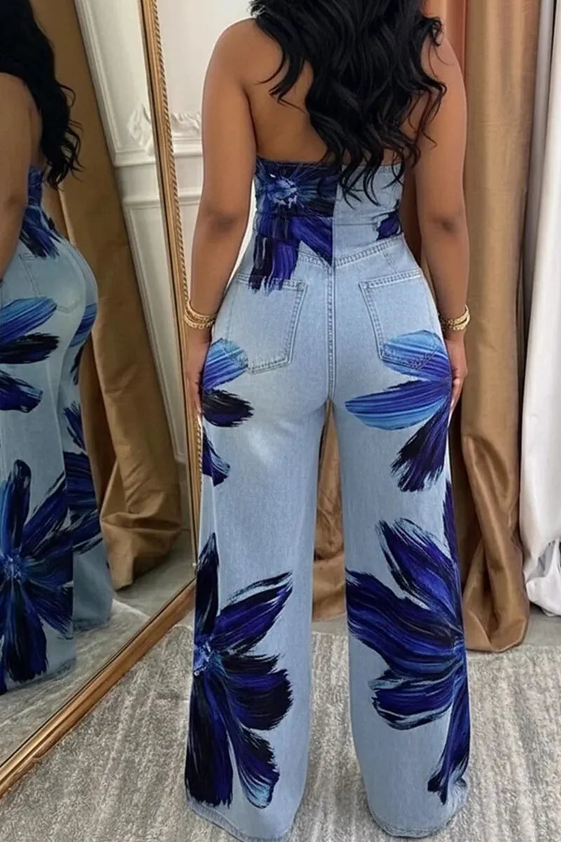 Women's Elegant Printed Backless Denim Jumpsuit