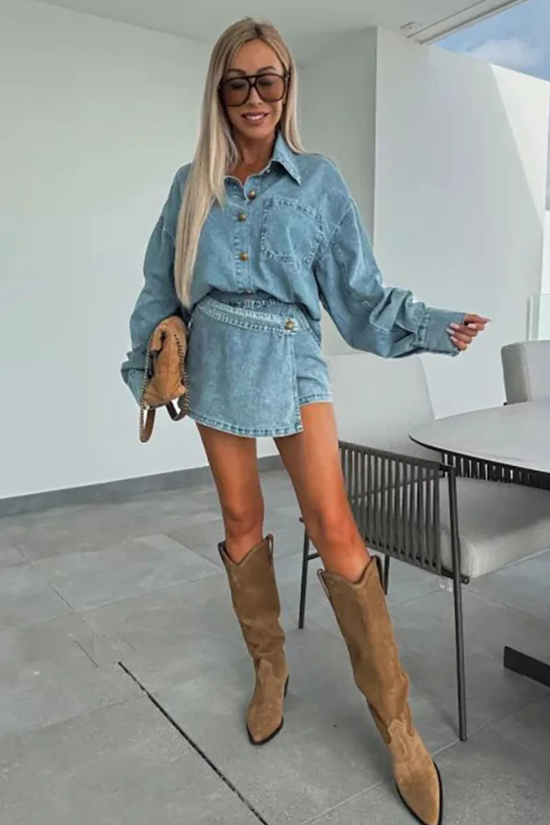 Women's Denim Asymmetrical Two-Piece Skirt Set