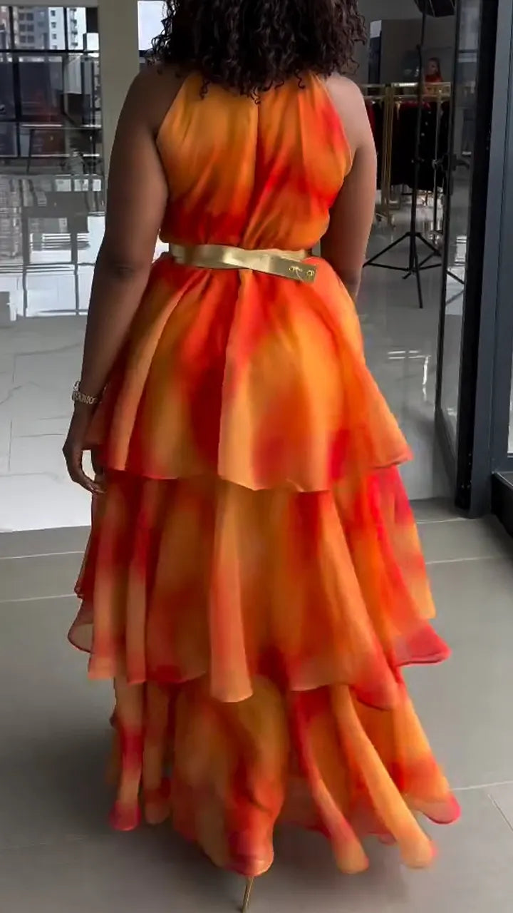 Women Neck Hanging Sleeveless Dyed Patchwork Elegant Temperament Dress