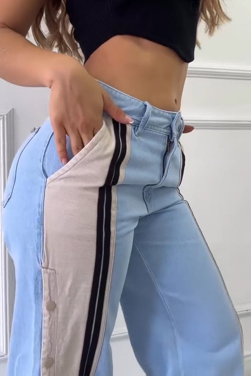 Women's Casual Side Button Color Block Jeans