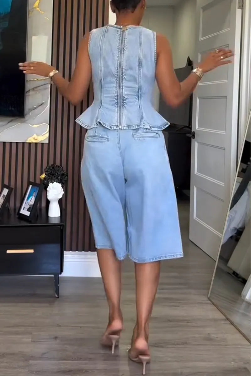 Women's Elegant Square Neck Denim Vest or Cropped Jeans