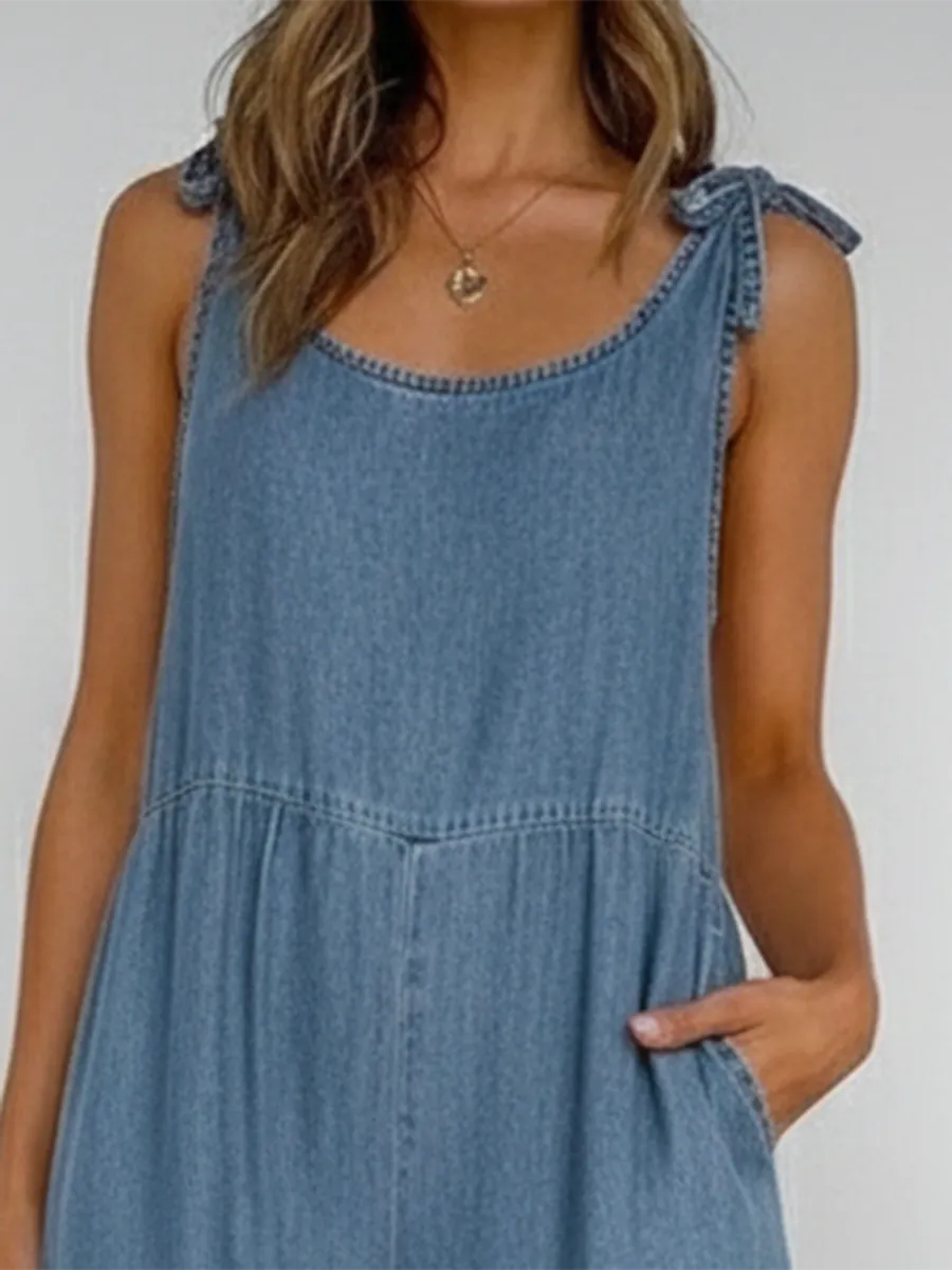 Casual Lace-up Loose Denim Jumpsuit