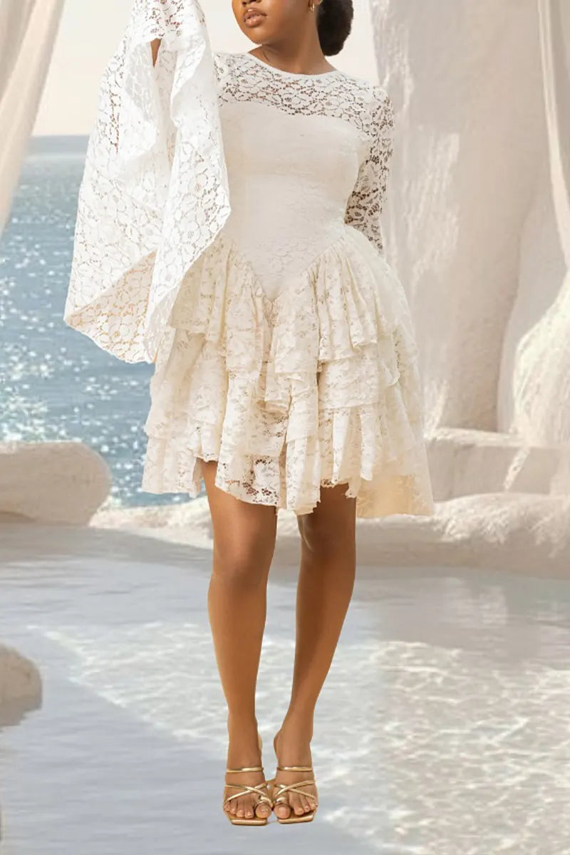 Women's Elegant Flare Sleeve Tiered Hem Lace Mini Dress