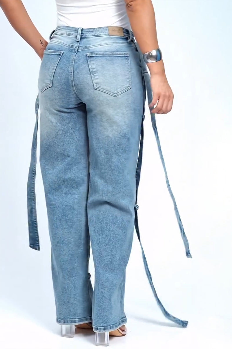 Women's Casual Side Streamer Trim Wide Leg Jeans