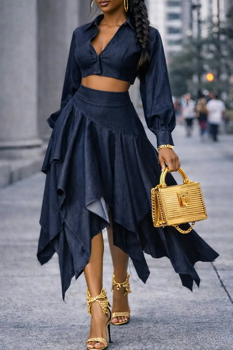 Women's Fashion Short Denim Top or Asymmetric Ruffle Hem Denim Skirt
