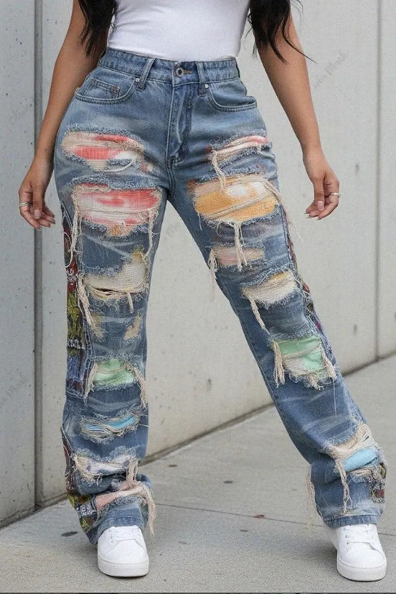 Ladies' Casual And Fashionable Mid Rise Straight Leg Jeans With Patchwork Details And Hollowed Out Design
