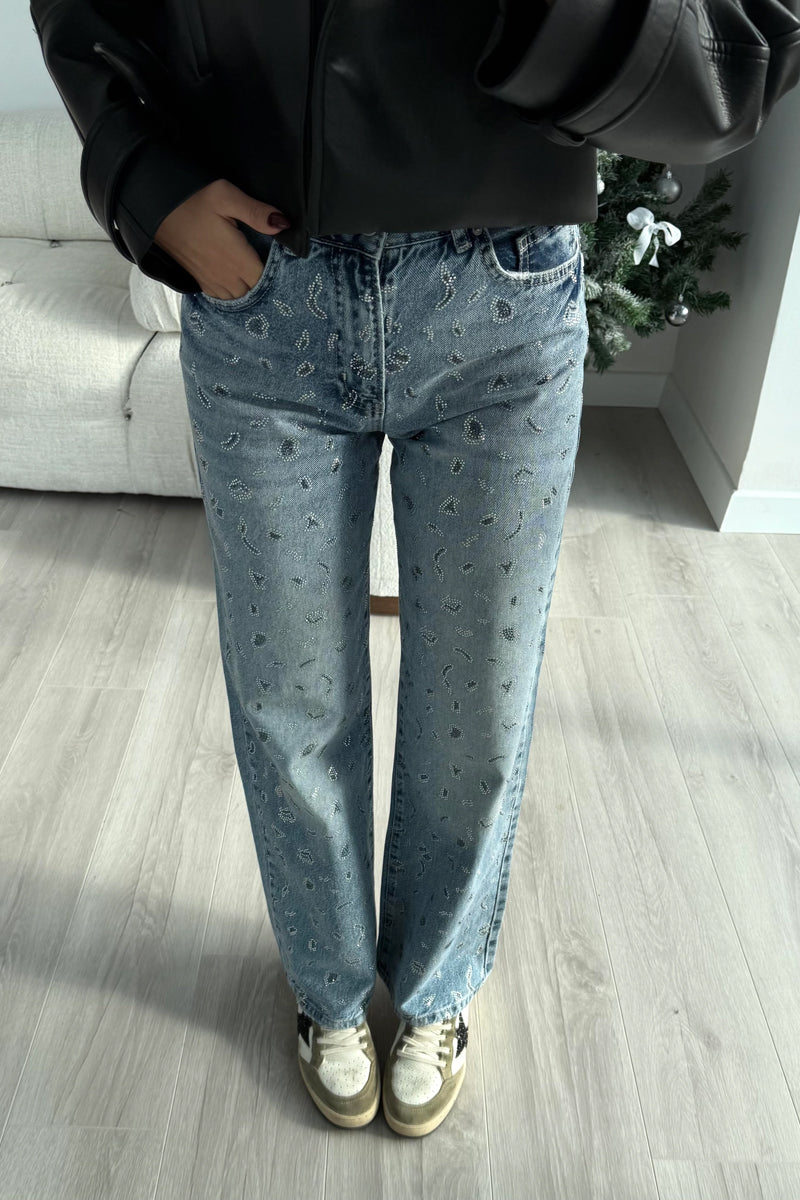 Ladies' Hot Selling Casual Rhinestone Denim Straight Leg Pants In Spring And Summer