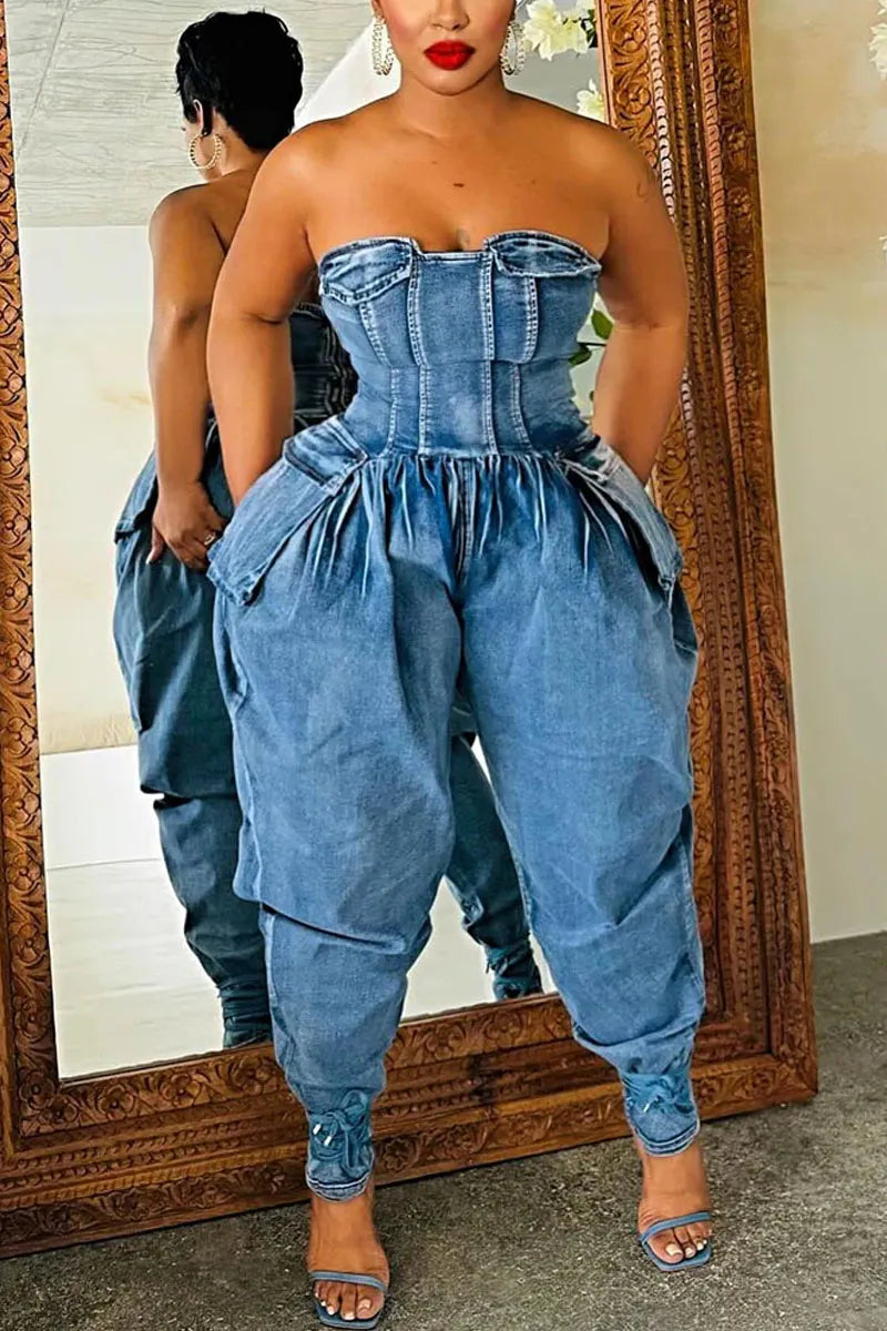 Women's Strapless Corset Balloon Leg Denim Jumpsuit