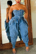 Women's Strapless Corset Balloon Leg Denim Jumpsuit