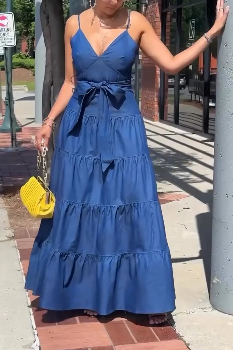 Women's Fashion Tiered Flounce-Hem Denim Dress with Belt