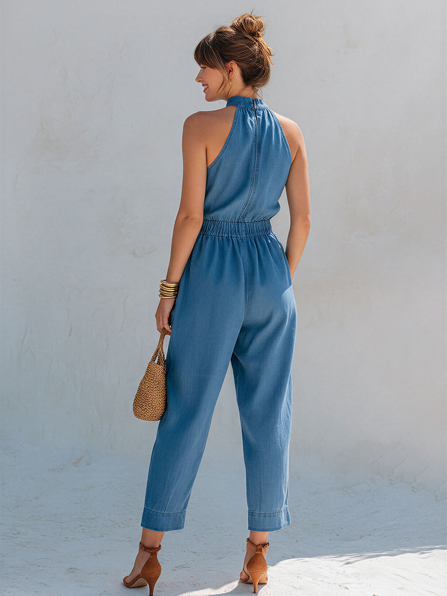 Chic Vacation-Style Mock Neck Sleeveless Denim Jumpsuit