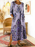 Women's Vintage Ethnic Purple Floral Art Print Patchwork Cotton Denim Dress