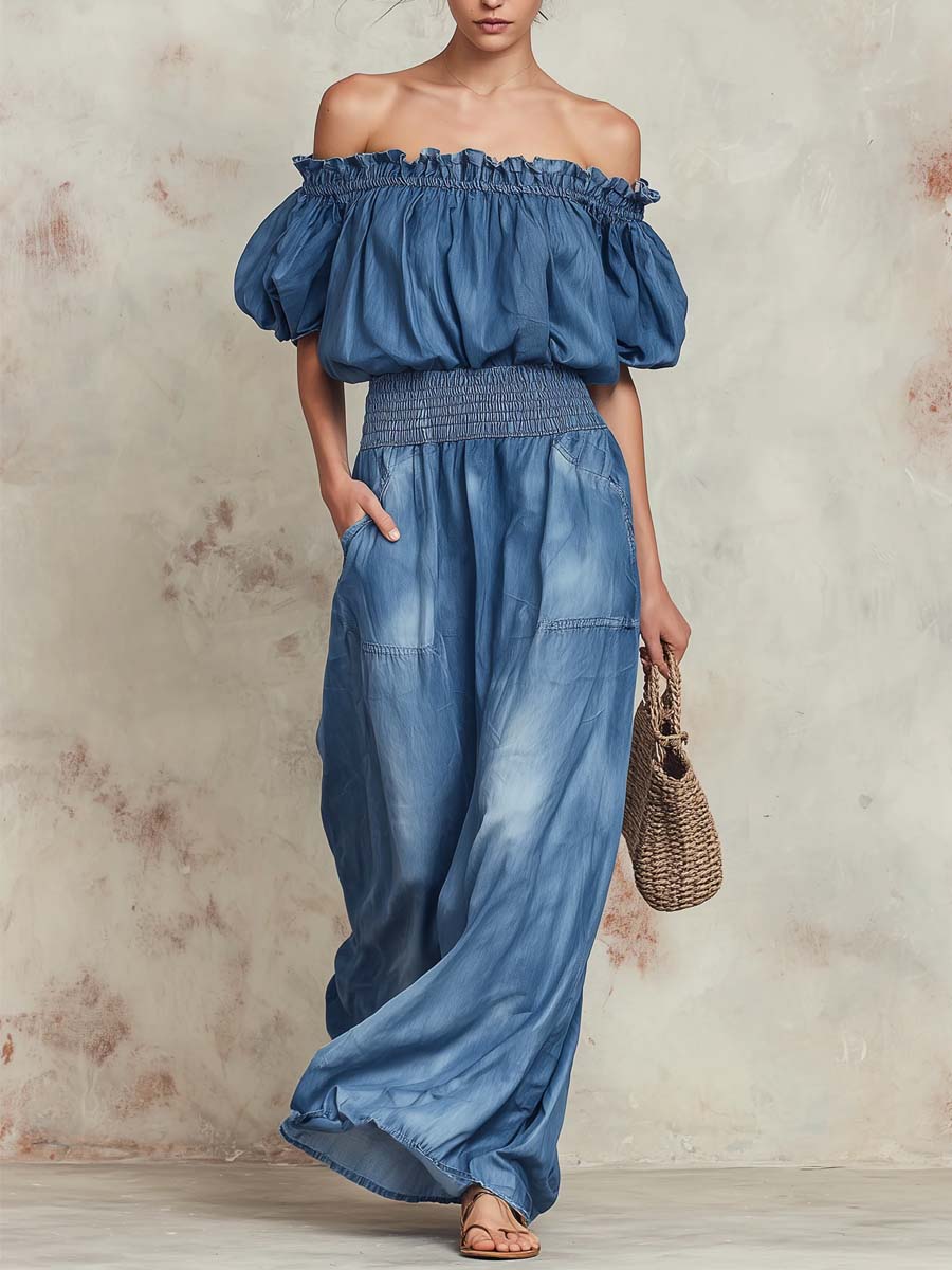 Women's Retro Stylish Shoulder-off Casual Top And Pants Denim Suits