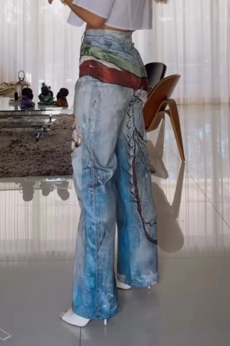 Women Printed Washed Water Casual Wide Leg Jeans
