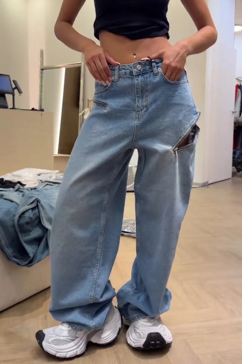 Women's Washed Water Zipper Splicing Casual Wide Leg Jeans