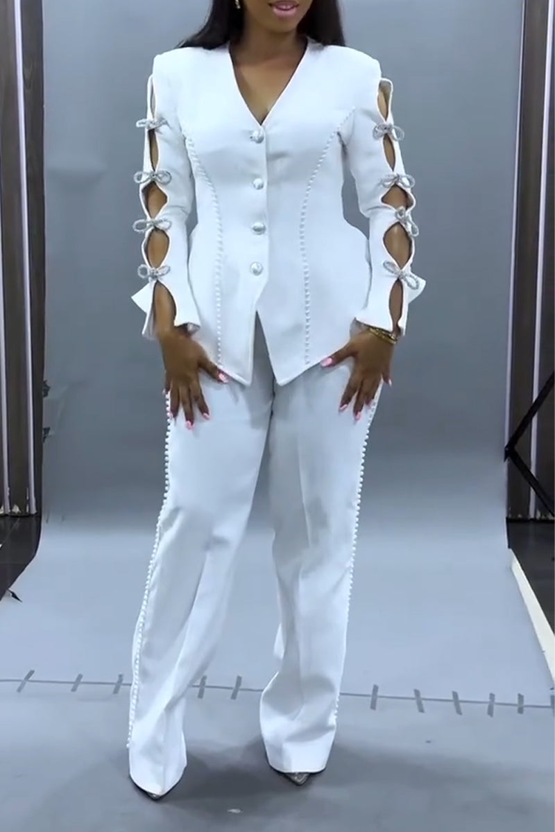 Women's V-neck Nail Bead Sleeve Bow Hollow Jacket or Pants