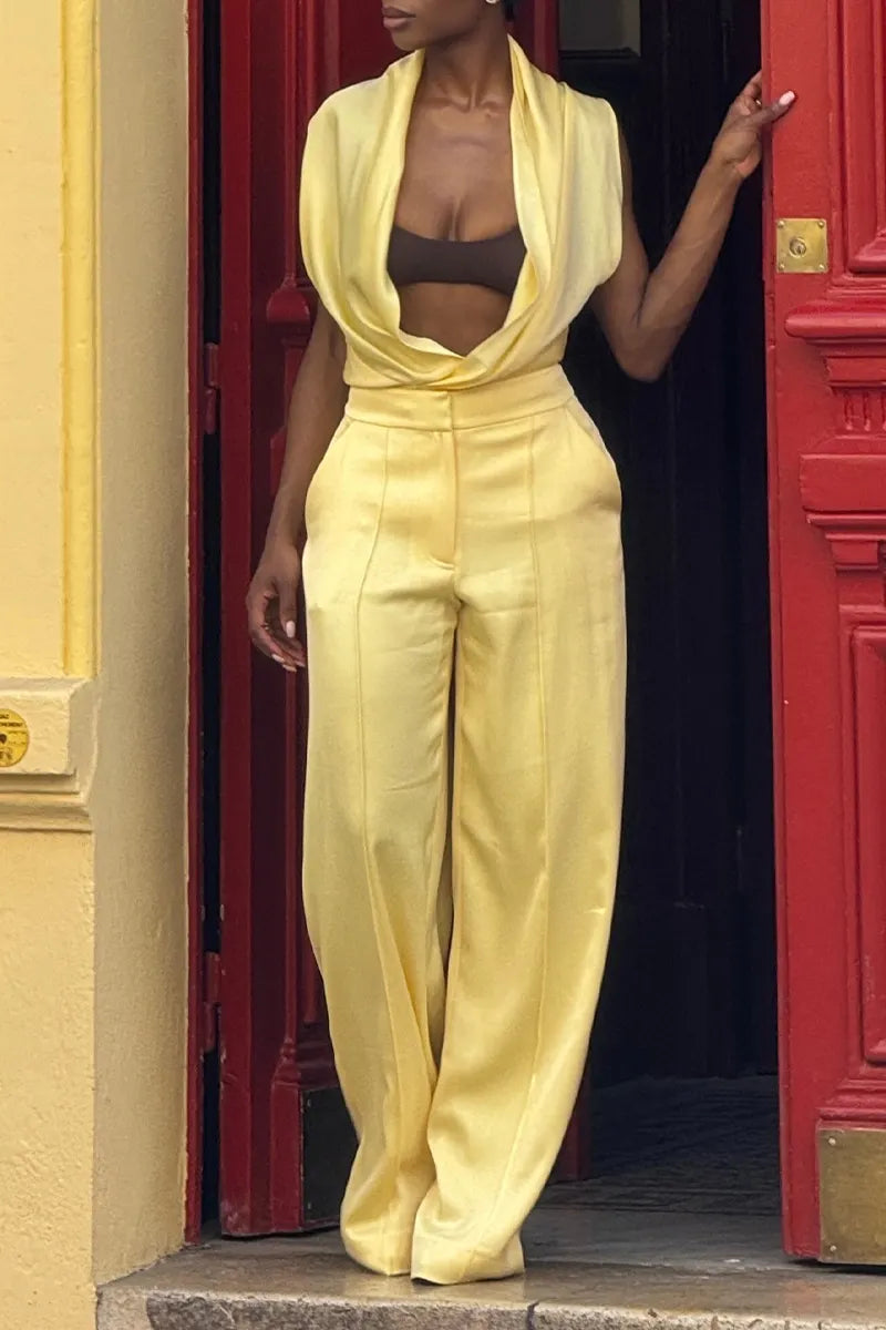 Women's Fashion Drape Neck Vest Wide Leg Pants Two Piece Set