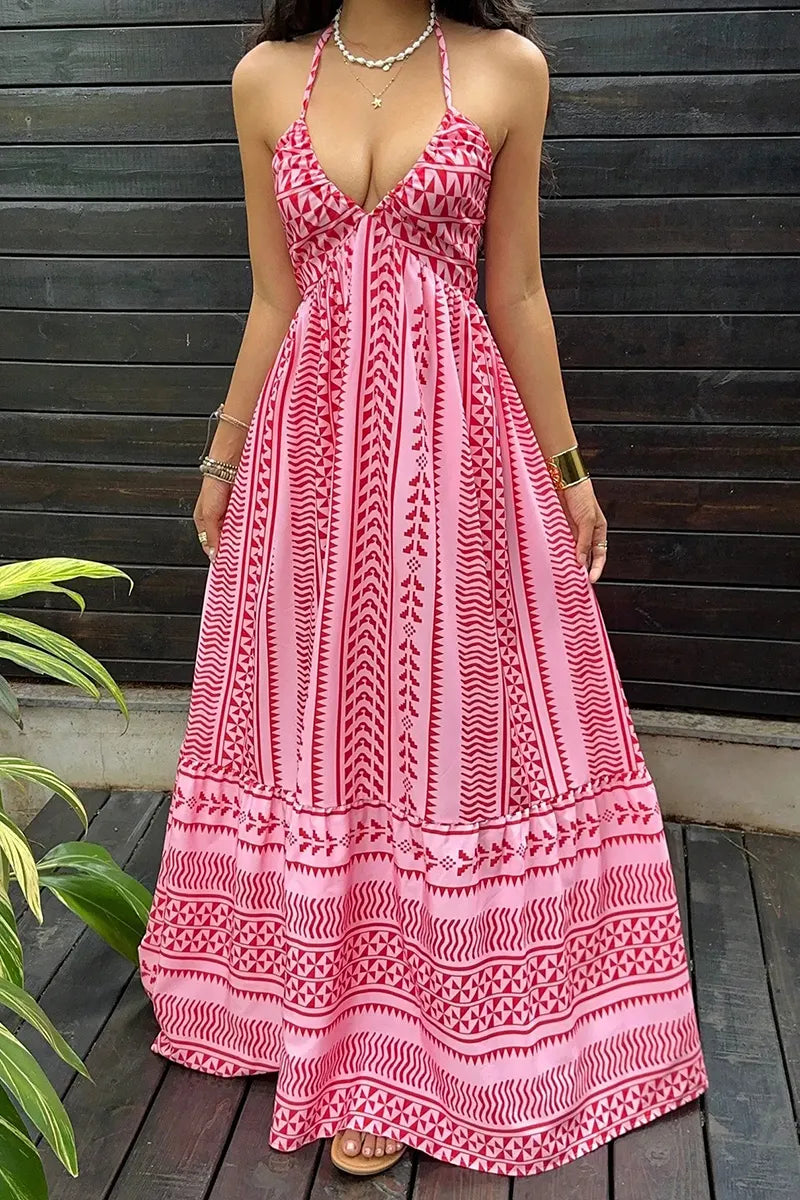 Women's Casual Halter Pattern Print Maxi Dress