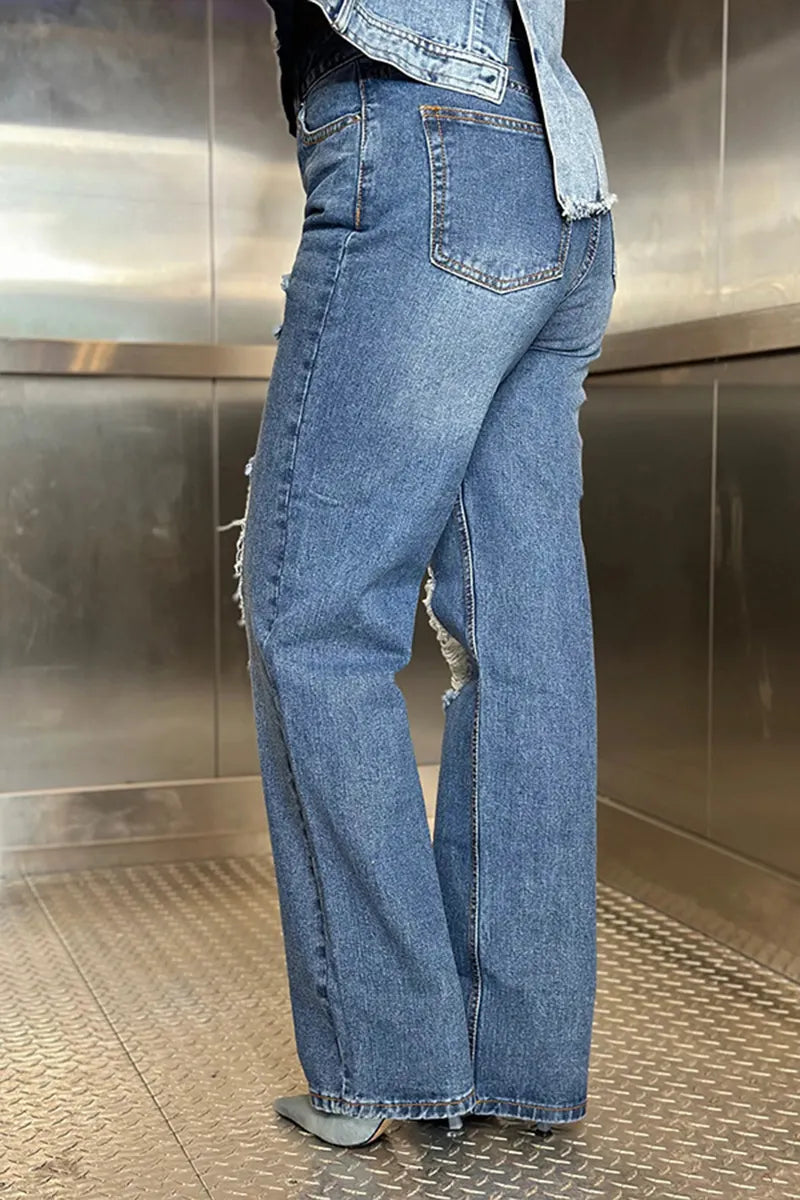 Women's Straight Leg Distressed Jeans With Raw Hem