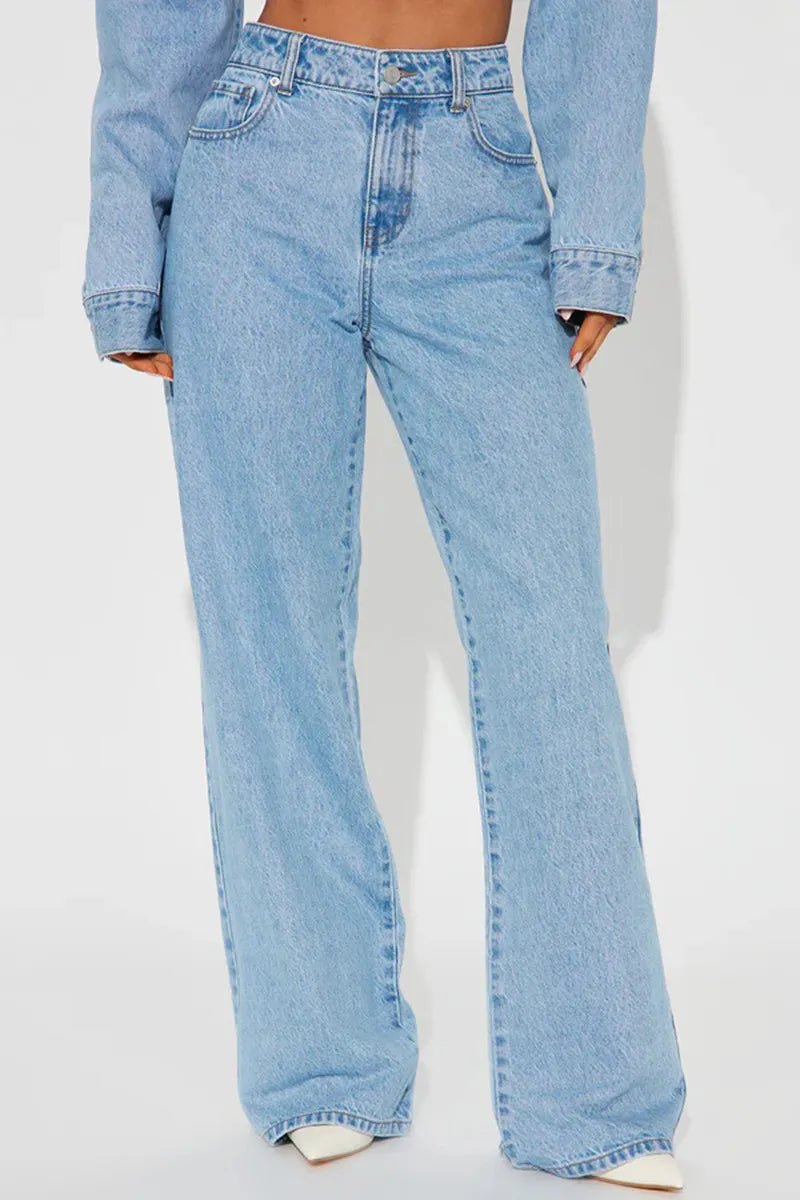 Women Straight-leg Slim Pants Heart Pocket Design Washed High-waist Loose Jeans