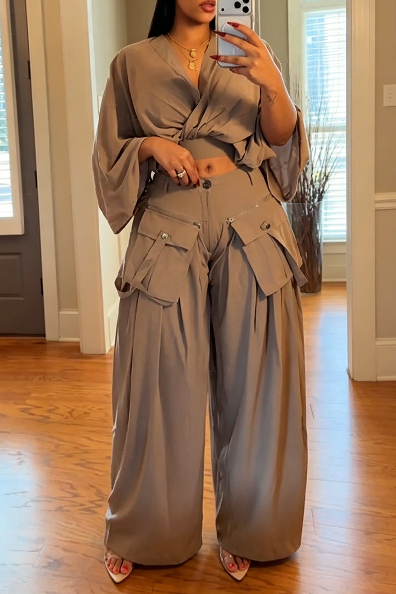 Women's Fashion Batwing Top or Detachable Pocket Wide Leg Pants