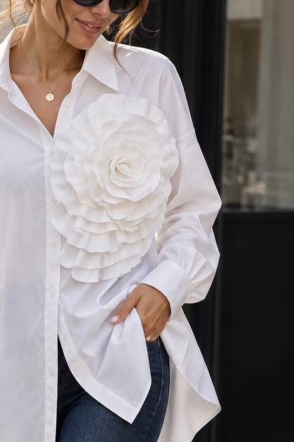Women's Oversized White Button Down Shirt 3D Floral Applique Long Sleeve Collared Blouse Casual Chic Dressy Party Office Tops