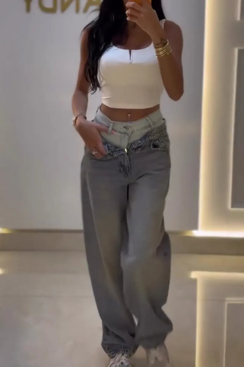 Women Dual Fold Waist Two Tone Gradient Wash Baggy Wide Leg Jeans