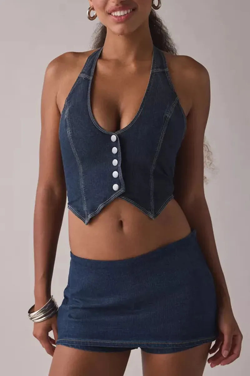 Ladies' Button-Down Halter Denim Vest & Low-Rise Mini Skirt