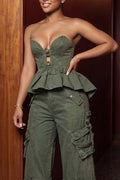 Women's Casual Ruffle Hem Denim Tube Top or Cargo Jeans